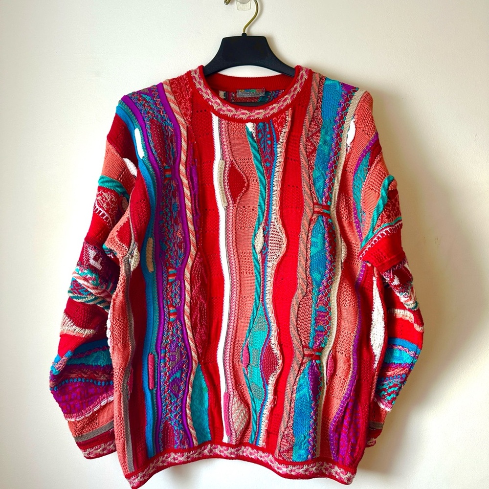 Vintage Coogi Australia 3D Textured Knit Sweater Red Multicolor Wool Size M